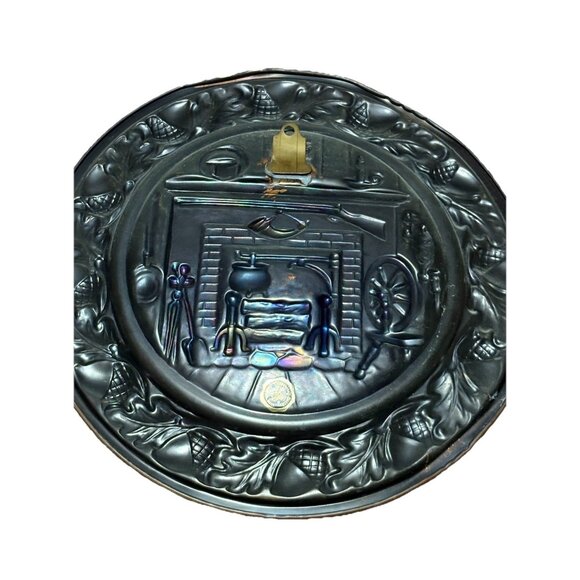 Vtg Coppercraft Guild embossed copper wall plate  colonial fireplace scene 2 Set - Picture 5 of 8